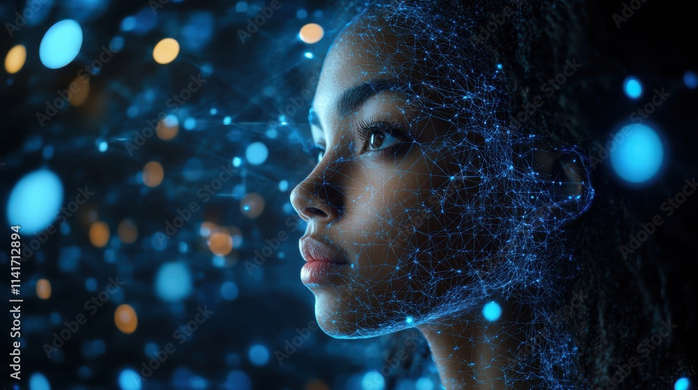 A young woman gazes thoughtfully, her profile illuminated by glowing data points, representing the fusion of technology and humanity. The background sparkles with digital light A young woman gazes thoughtfully, her profile illuminated by glowing data points, representing the fusion of technology and humanity. The background sparkles with digital light