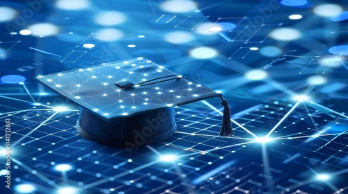 Illuminate your future  abstract digital art of a graduation cap above a network grid on dark blue
