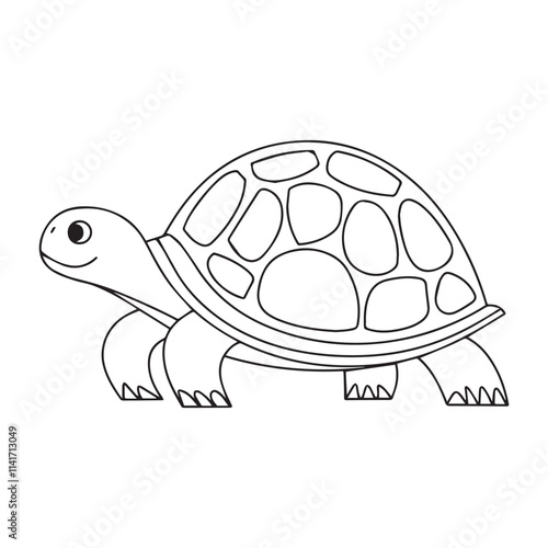 Coloring page of cartoon cute happy turtle for design element. Vector illustration of funny sea animal on a white background. Сhildren's coloring book with color example.