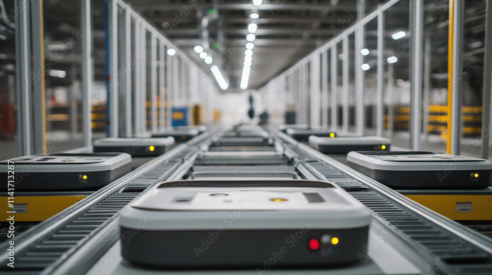 Obraz premium Automated warehouse with conveyor belts and robotic systems optimizing logistics