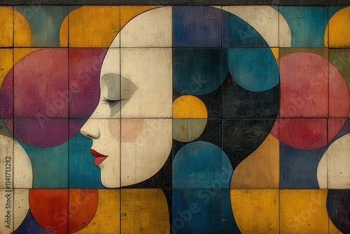A vibrant mural featuring a stylized female face in profile, highlighted by bold colors and geometric shapes that convey a sense of serenity.