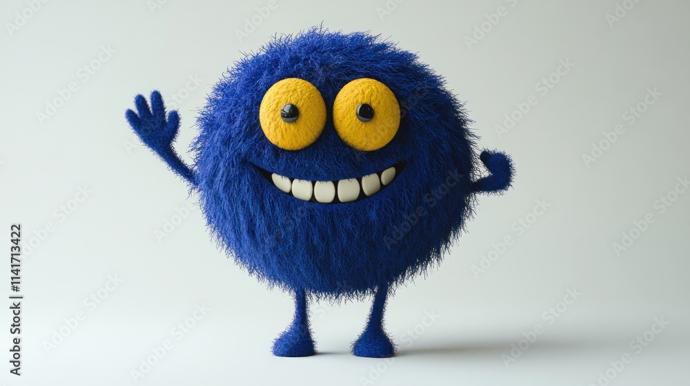 Fototapeta premium Blue fluffy character with yellow eyes and smile waves.