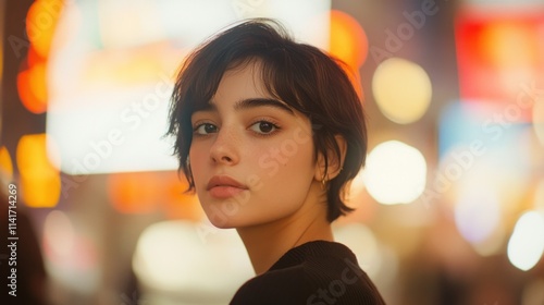 Woman looking back, bokeh background.