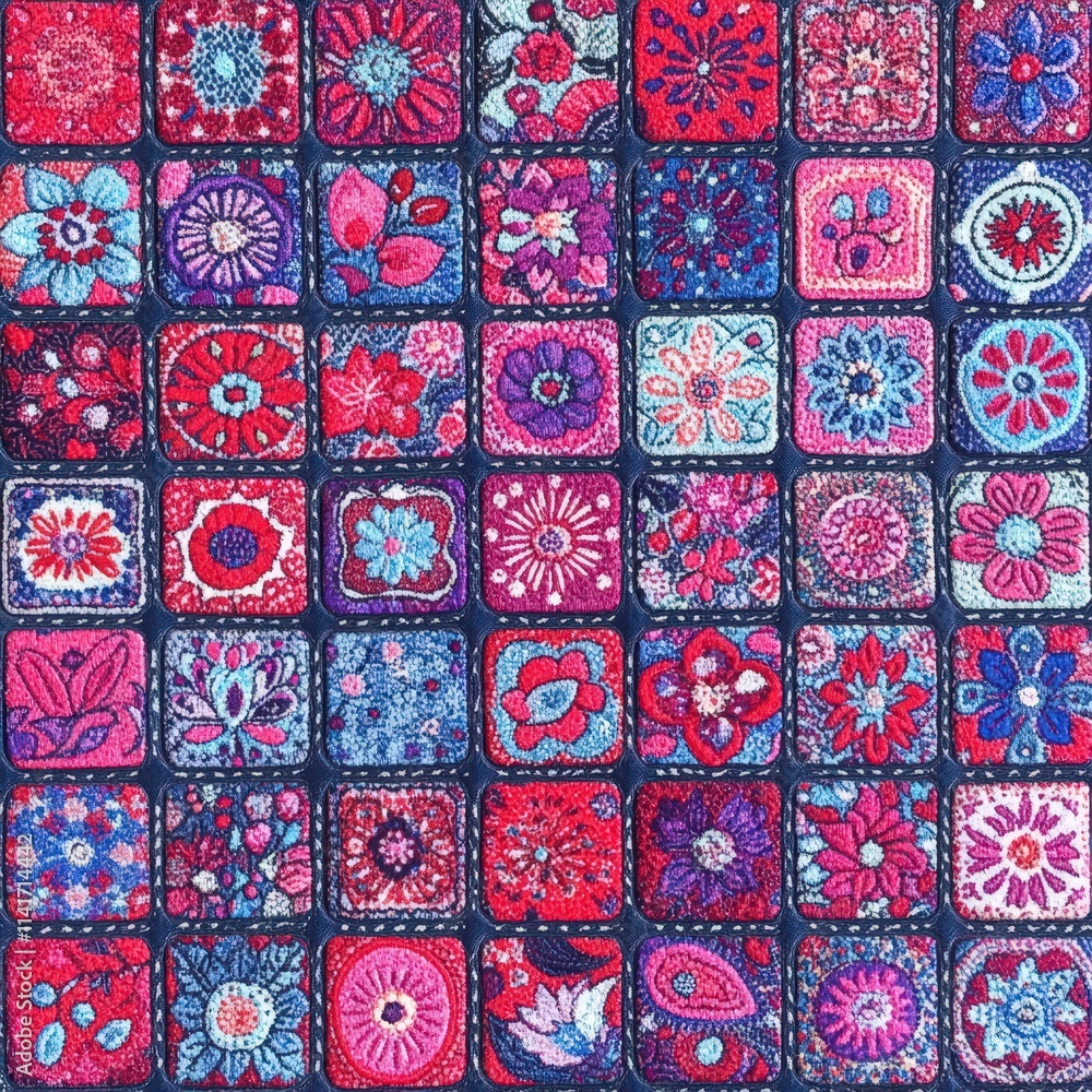 A vibrant collection of embroidered fabric squares featuring intricate floral patterns in shades of red and blue, showcasing textile artistry. A vibrant collection of embroidered fabric squares featuring intricate floral patterns in shades of red and blue, showcasing textile artistry.