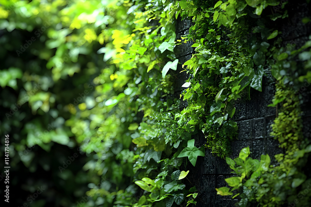 Lush green foliage covering a dark brick wall, wet from rain. Lush green foliage covering a dark brick wall, wet from rain.