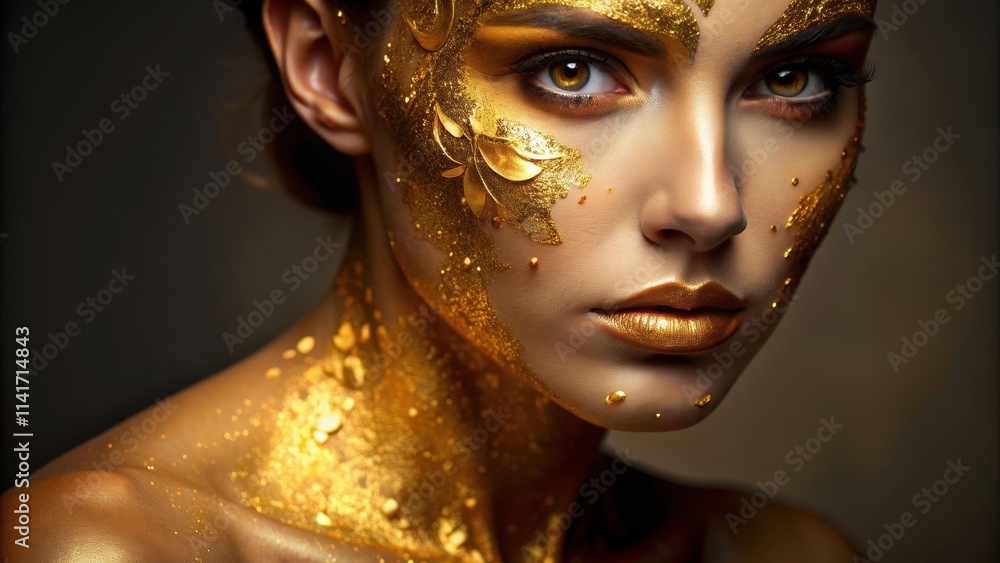 Close-up of woman with golden face paint, beauty, makeup, portrait, glamour, golden, female, close-up, cosmetic, shiny, artistry Close-up of woman with golden face paint, beauty, makeup, portrait, glamour, golden, female, close-up, cosmetic, shiny, artistry