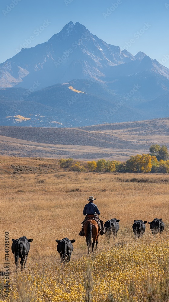 A cowboy herding cattle across a vast landscape with mountains in the background. A cowboy herding cattle across a vast landscape with mountains in the background.
