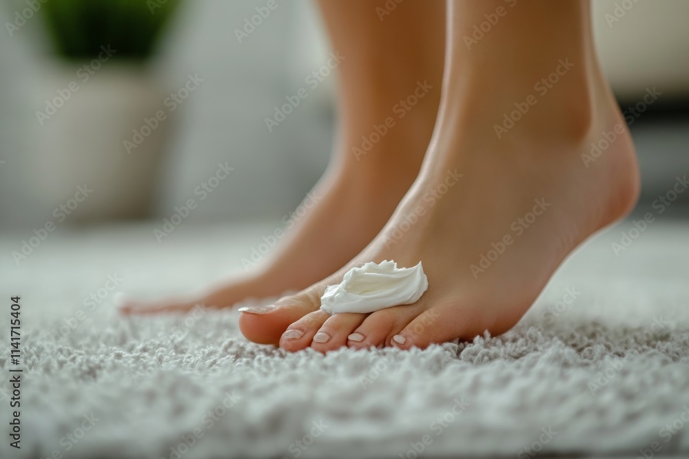 Close-up bare feet of person feeling itchy and irritated try to scratching by toe, Generative AI Close-up bare feet of person feeling itchy and irritated try to scratching by toe, Generative AI
