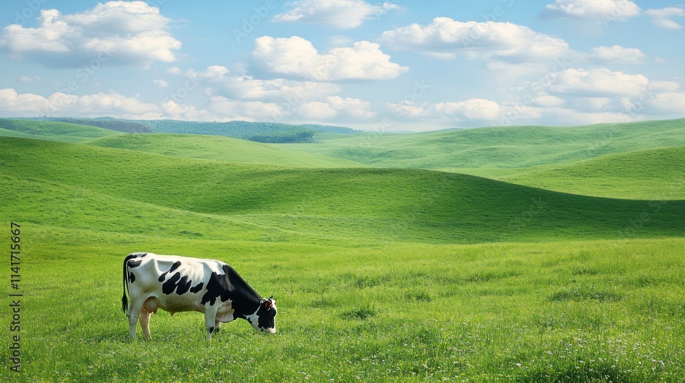 A serene landscape featuring a grazing cow in lush green fields under a blue sky. A serene landscape featuring a grazing cow in lush green fields under a blue sky.