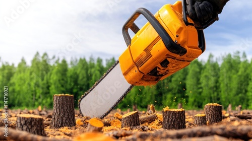 Chainsaw cutting through tree stumps in a forested area. photo