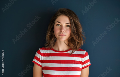 Confident individual wearing a red and white striped shirt, posing in front of a deep blue background, conveying self-assurance and simplicity. 