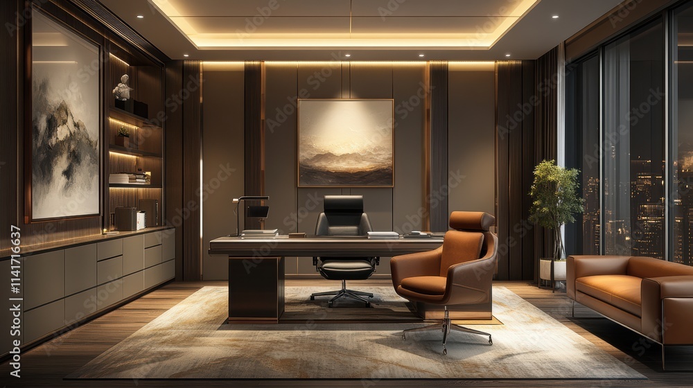 Fototapeta premium A sophisticated office space features a stylish desk, comfortable seating, and elegant decor, illuminated softly by ambient lighting at twilight. The view outside hints at a bustling city