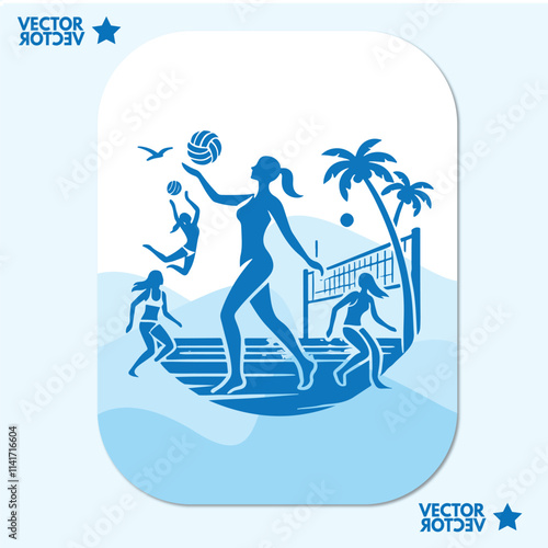 A man or woman volly beach vector illustration. summer portait concept picture , sunset island design emblem isolated