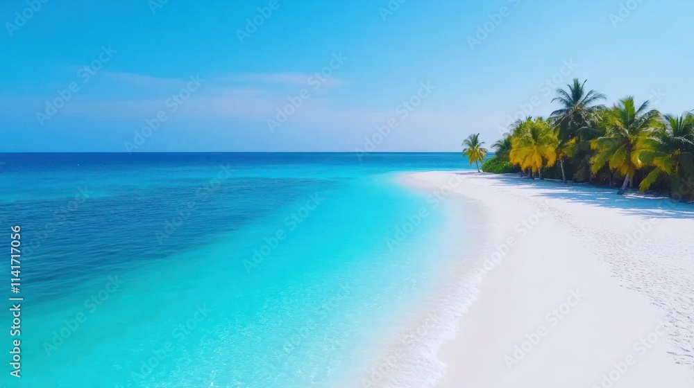 Serene beach with turquoise water and palm trees under clear sky. Serene beach with turquoise water and palm trees under clear sky.