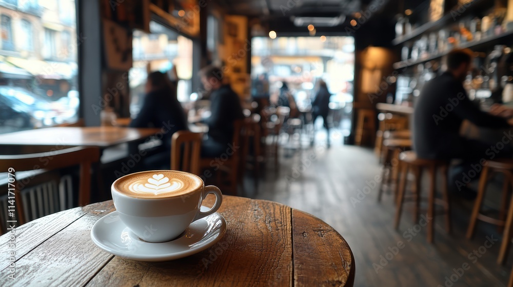 A warm mug of coffee rests on a rustic wooden table in a bustling cafe, where patrons engage in lively discussions and savor the rich flavors of their beverages A warm mug of coffee rests on a rustic wooden table in a bustling cafe, where patrons engage in lively discussions and savor the rich flavors of their beverages