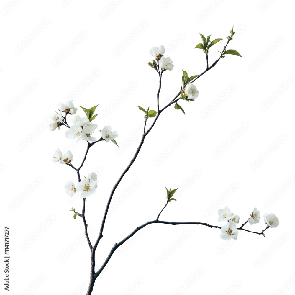 Delicate white blossom branch minimalist studio nature photography bright environment close-up view serenity concept