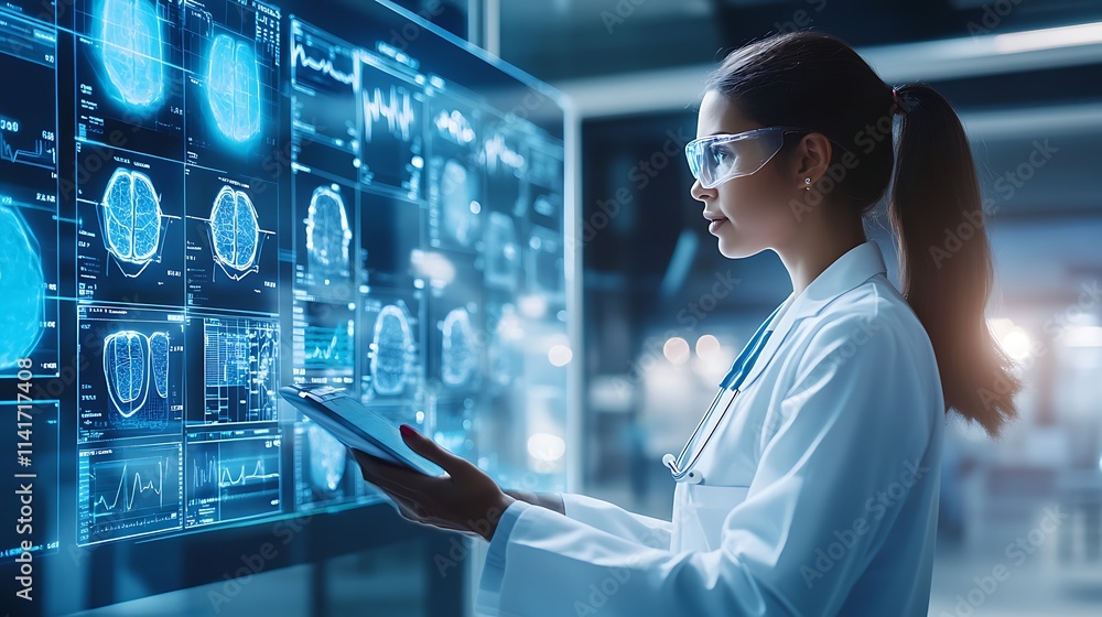 A medical professional using voice recognition software to input private patient information, ensuring confidentiality in a high-tech setting A medical professional using voice recognition software to input private patient information, ensuring confidentiality in a high-tech setting