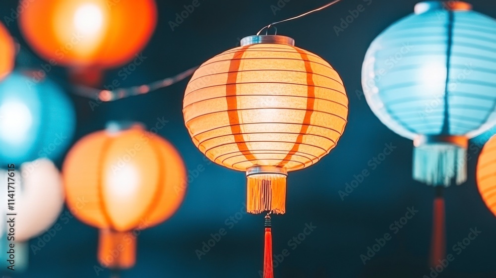 Obraz premium Chinese New Year festive spirit concept. Colorful paper lanterns illuminate a night scene, creating a festive and warm ambiance.