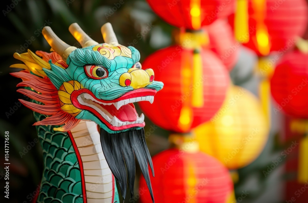 Obraz premium Chinese New Year festive spirit concept. A vibrant dragon statue in front of red lanterns, symbolizing celebration and cultural heritage, often seen during festivals.
