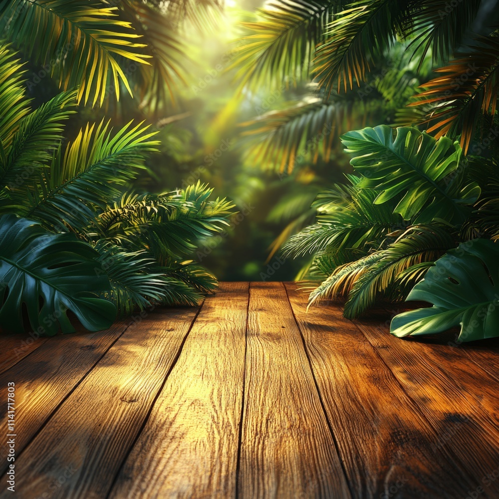Tropical Themed Wooden Table in Lush Greenery Tropical Themed Wooden Table in Lush Greenery