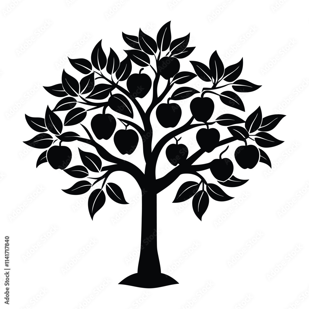 Obraz premium vector of Peach Tree (Prunus persica) design, labeled vector art, linocut silhouette illustration.