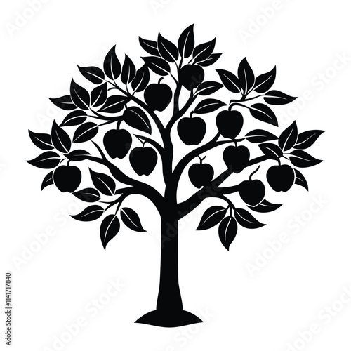 vector of Peach Tree (Prunus persica) design, labeled vector art, linocut silhouette illustration.