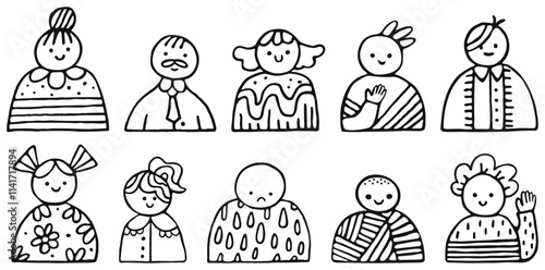 Série de portraits de personnages variés dessinés à la main, dessin composé d'un trait noir sur fond transparent, style doodle mignon et enfantin 