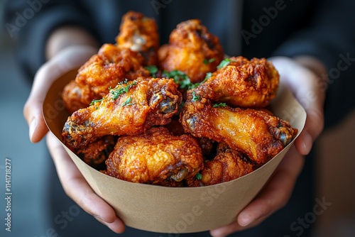 Close-up of hands holding a bowl of crispy fried chicken wings, garnished with parsley. photo