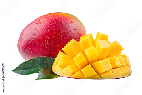 Freshly cut mango with leaves isolated on transparent background