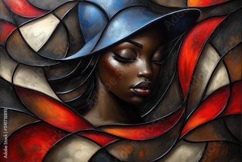 A stunning depiction of a Black woman wearing a blue hat, surrounded by vibrant abstract shapes in red and brown tones.