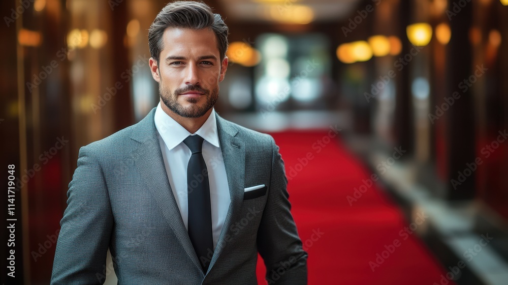 A well-dressed man stands in an elegant hotel hallway, exuding confidence with a poised expression. The plush red carpet and soft golden lights enhance the luxurious atmosphere A well-dressed man stands in an elegant hotel hallway, exuding confidence with a poised expression. The plush red carpet and soft golden lights enhance the luxurious atmosphere