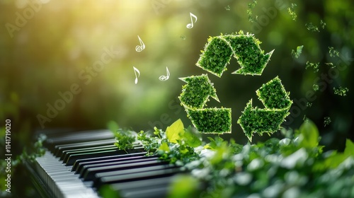Musical Notes Forming Recycle Symbol Over Keyboard in Lush Nature Environmental Art Serenity Close-Up Sustainability