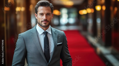 A well-dressed man stands in an elegant hotel hallway, exuding confidence with a poised expression. The plush red carpet and soft golden lights enhance the luxurious atmosphere