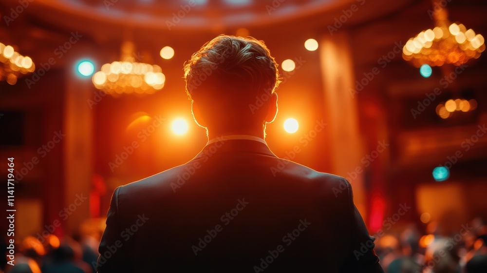 Dressed elegantly, a man stands with his back to the audience in a luxurious venue Dressed elegantly, a man stands with his back to the audience in a luxurious venue
