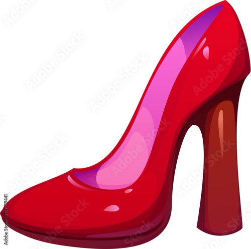 Cartoon red high heel shoe, valentines day holiday symbol evokes elegance and romance for celebration. Vector vibrant red female footwear with glossy surface symbolizing fashion, femininity or passion