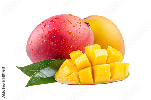 Freshly cut mango with leaves isolated on transparent background