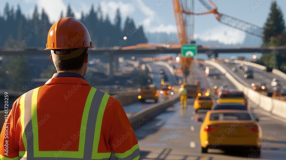 A construction worker in an orange safety vest oversees traffic on a busy highway, with cranes and trees in the background under a clear sky. A construction worker in an orange safety vest oversees traffic on a busy highway, with cranes and trees in the background under a clear sky.