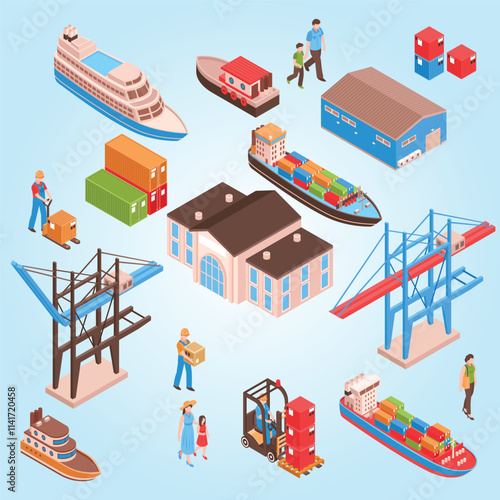 Sea port isometric set with city persons, pier building, cargo ships, harbor facilities