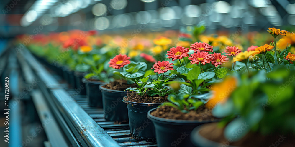 Obraz premium Many flowers in pot. Flowers in greenhouse. Generated AI