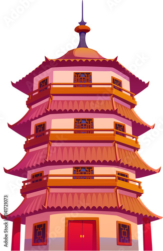 Traditional Chinese multi tiered pagoda tower with ornate roofs. Asian architecture symbolizing Lunar new year holiday, spirituality and cultural heritage. Cartoon vector Chinatown travel landmark