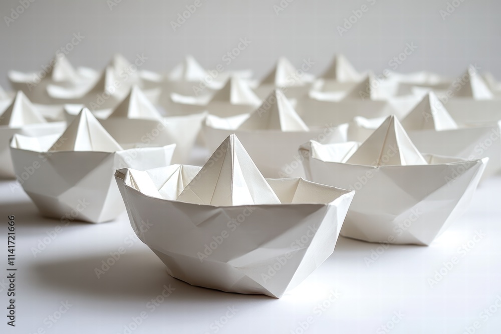 Paper Boat Flotilla in Minimalist Setup Indoor Artistic Display Clean Aesthetic Top View Origami Art Paper Boat Flotilla in Minimalist Setup Indoor Artistic Display Clean Aesthetic Top View Origami Art