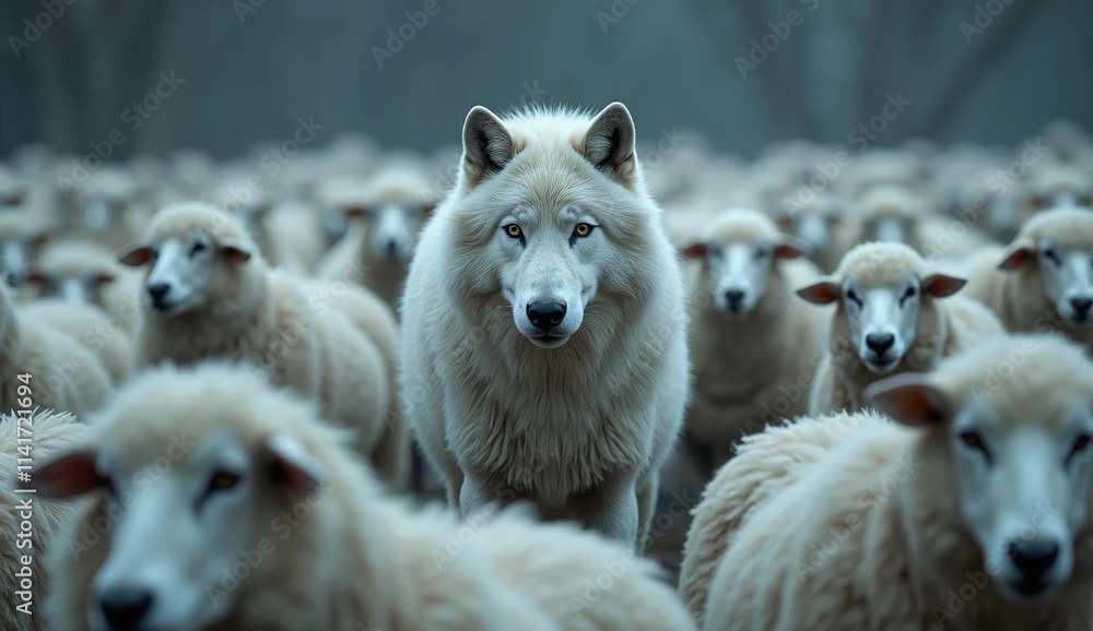The concept of standing out from the crowd. A white wolf standing among the white sheep. The concept of standing out from the crowd. A white wolf standing among the white sheep.