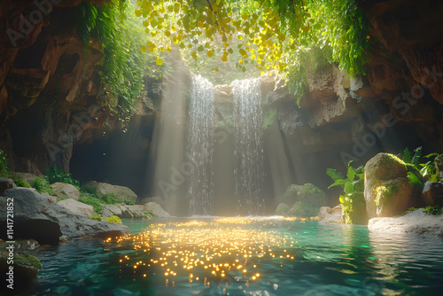 Fototapeta Naklejka Na Ścianę i Meble -  Magical waterfall cascading into a hidden grotto pool, sunlight beams illuminating golden particles.