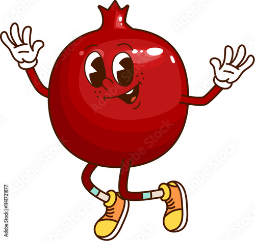 Cartoon funny groovy pomegranate fruit character with a happy face expression. Isolated vector tropical garden fruit retro y2k personage has a bright red round body, expressive eyes, and wide smile