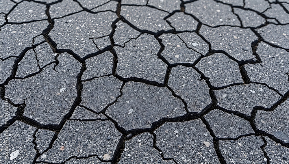 Fototapeta premium Cracked asphalt surface showing extensive damage