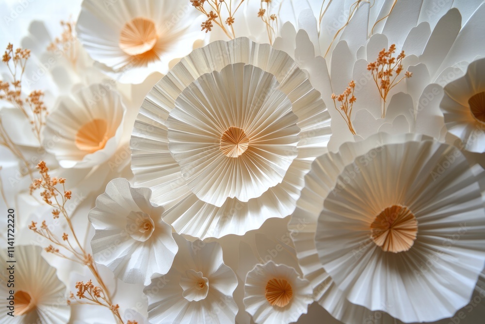 Obraz premium Delicate Paper Flower Garden Display Soft Backlit Setting Artistic Composition Nature-Inspired Aesthetics