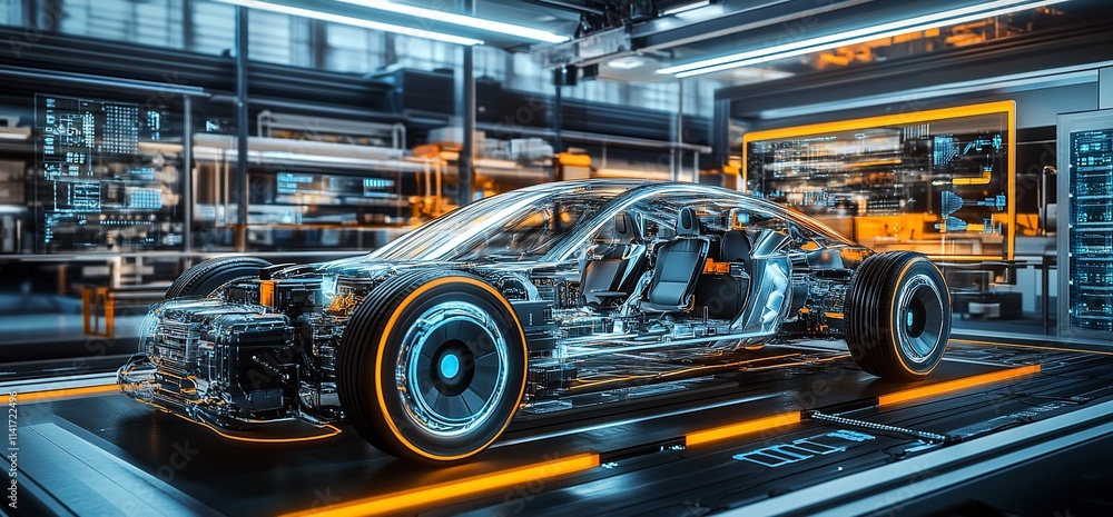Futuristic transparent car design in a high-tech workshop environment. Futuristic transparent car design in a high-tech workshop environment.