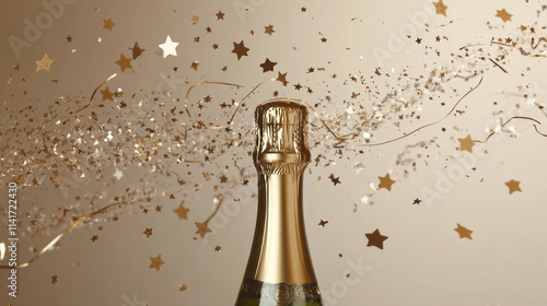 champagne bottle with gold background and copy space photo