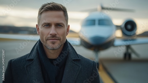 A well-groomed man stands with a calm expression in front of a modern private jet, exuding confidence and sophistication as the sun sets, casting a warm glow