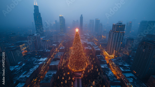 An aerial view of a large city during the winter season, with a huge New Year's tree in the center, decorated with all the ornaments photo